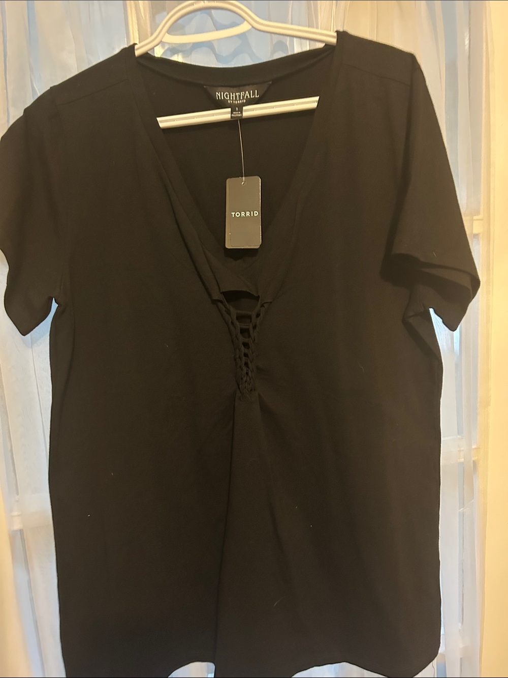 torrid Black Short-Sleeve V-Neck Tee with Lace-Up Detail